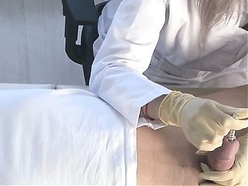 Teen "doctor" in a medical gown and gloves, sounding urethra without lube 